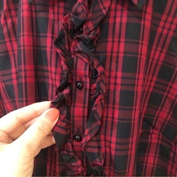 Talbots‎ Plaid ruffle trim 3/4 button blouse 14P - Picture 2 of 5